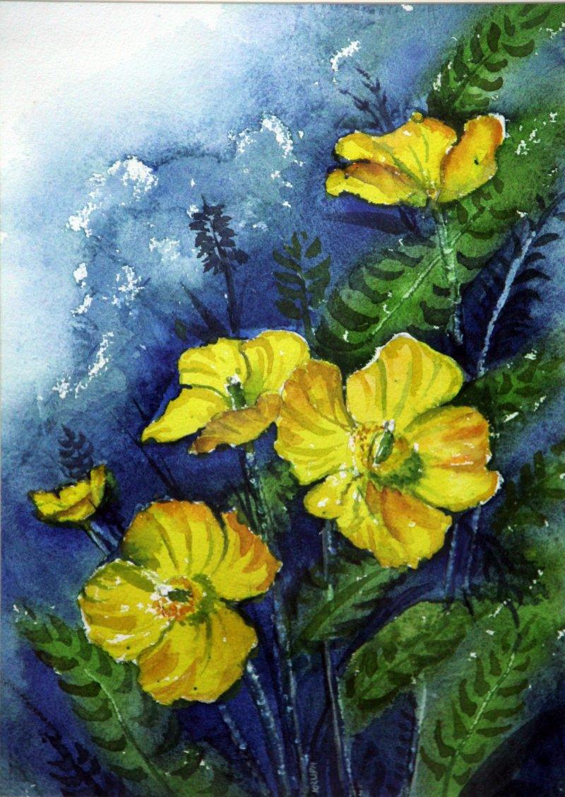 Nature watercolor painting titled 'Yellow Flowers', 14x10 inches, by artist Krupa Shah on Paper