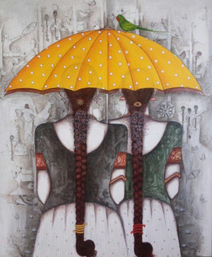 Figurative acrylic painting titled 'Yellow Umbrella', 36x30 inches, by artist Kappari Kishan on Canvas