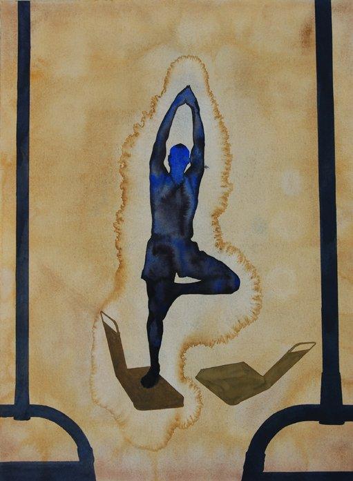 Figurative watercolor painting titled 'Yoga', 30x22 inches, by artist Manish Sutar on Paper