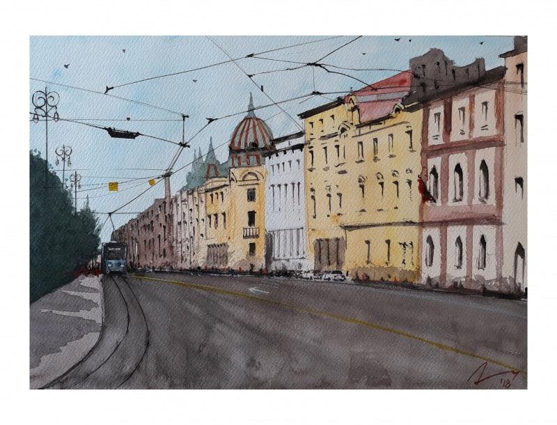 Cityscape watercolor painting titled 'Zagreb Croatia', 7x11 inches, by artist Arunava Ray on Paper