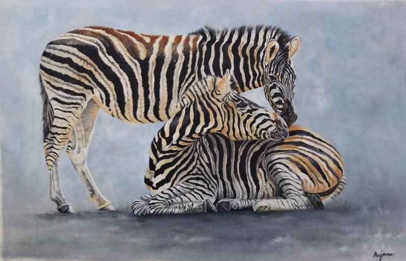 Animals oil painting titled 'Zebras', 29x19 inches, by artist Anjana Sihag on Canvas