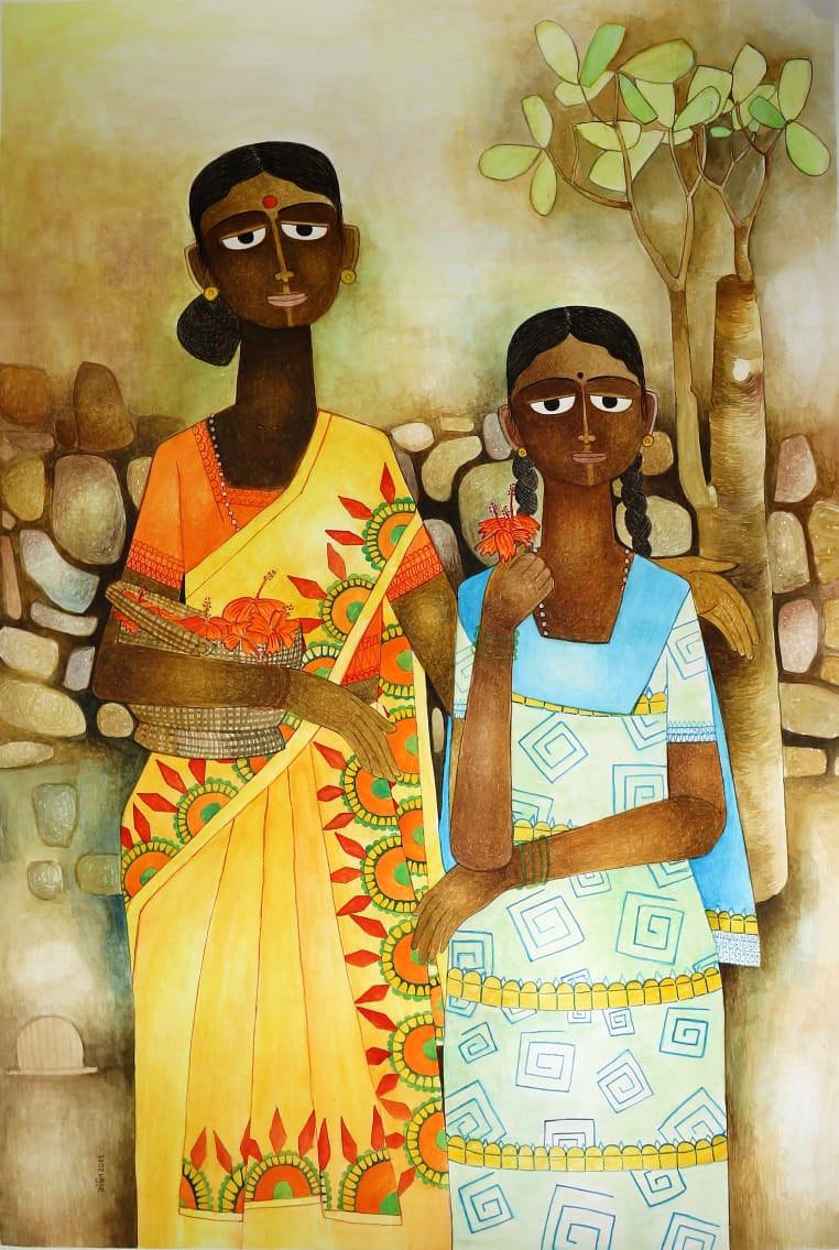 Figurative watercolor painting titled 'A Blissful Morning', 42x28 inches, by artist Mohit Naik on Paper