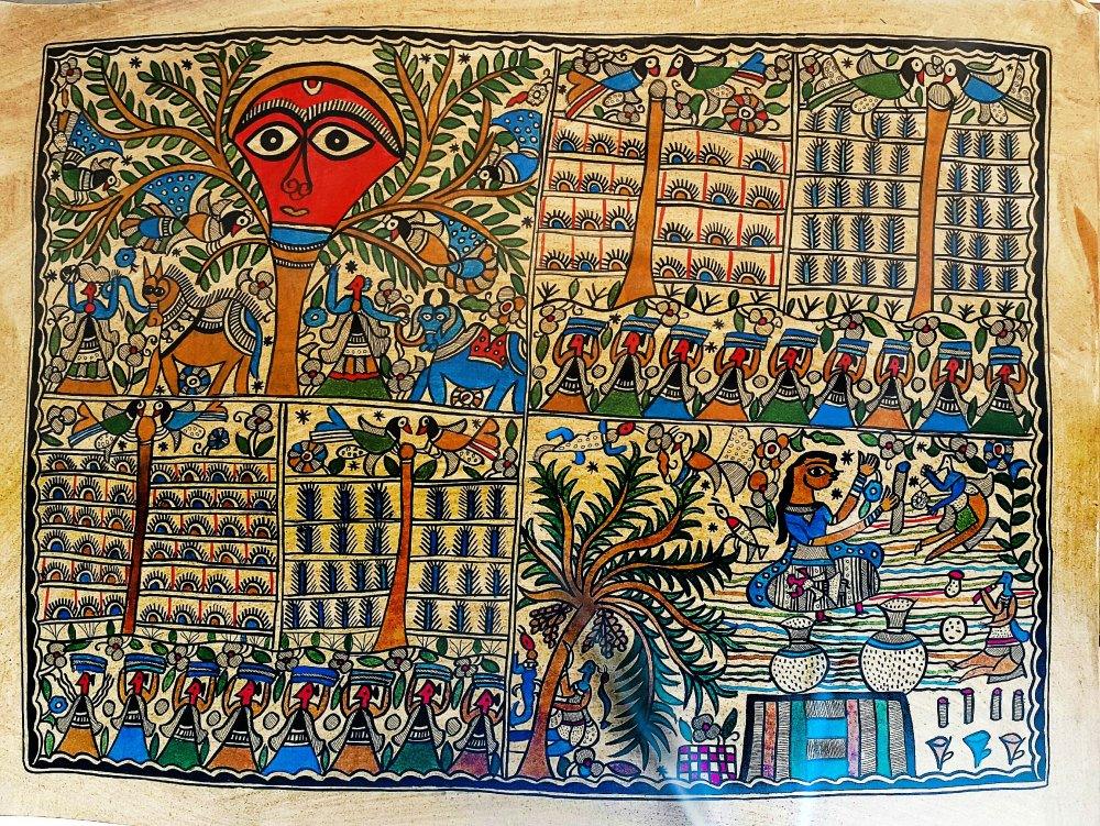 Folk Art madhubani traditional art titled 'A Daily Life', 22x30 inches, by artist Chano Devi on Handmade Paper