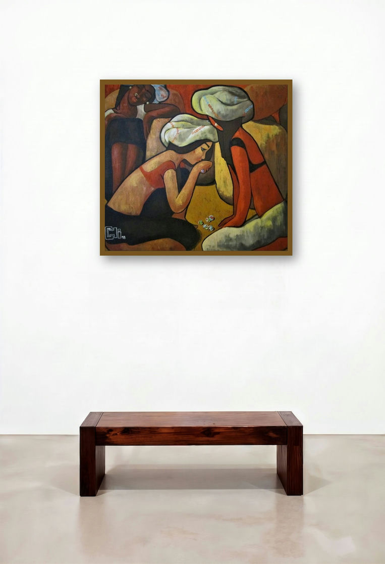 A Game Of Marbles (Girls Playing Marbles 1) by artist Suruchi Jamkar displayed in a Mid-Century Modern Home Office