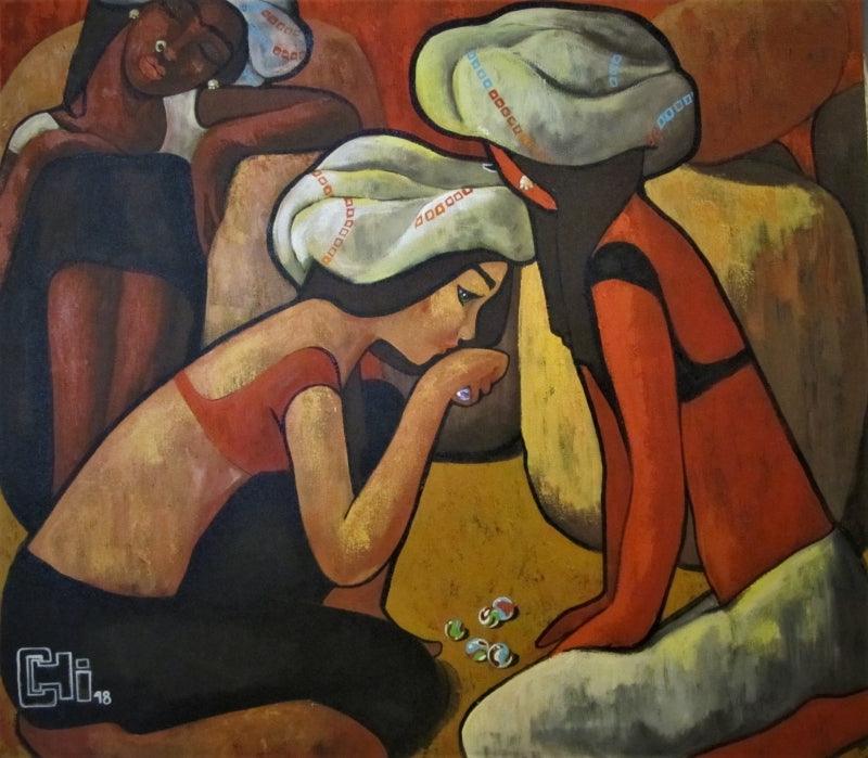 Figurative acrylic painting titled 'A Game Of Marbles', 30x27 inches, by artist Suruchi Jamkar on Canvas