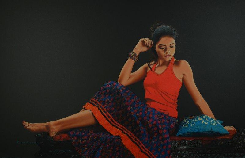 Realistic pencil drawing titled 'A girl with a Beauty Spot', 36x60 inches, by artist Parshuram Patil on Paper