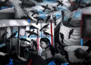Figurative mixed media painting titled 'A Girl With Black Birds', 31x39 inches, by artist Kalipada Purkait on Paper