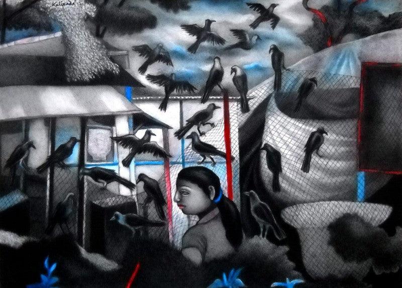 Figurative mixed media painting titled 'A Girl With Black Birds', 31x39 inches, by artist Kalipada Purkait on Paper