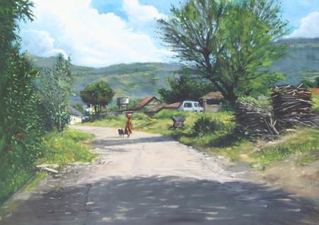 Landscape oil painting titled 'A Gleeful Village', 22x32 inches, by artist Vivek Vadkar on Canvas