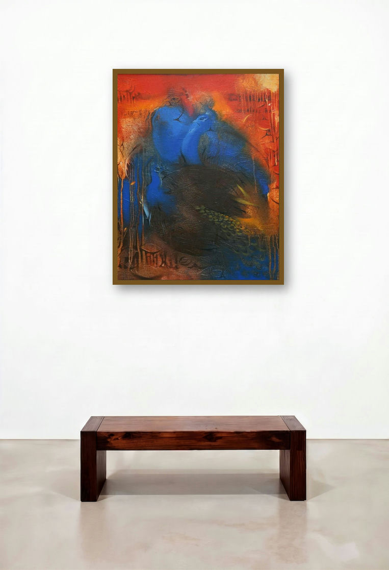 A Group Of Peacocks (Peacock Reverie) by artist Balaji Ubale displayed in a Coastal Home Office