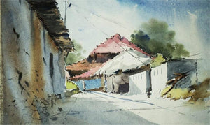 A Lane Of Mondha Village (Village Pathway) by Ghanshyam Dongarwar, Original Watercolor Landscape Painting on Cold Pressed Paper, Small Horizontal Wall Art