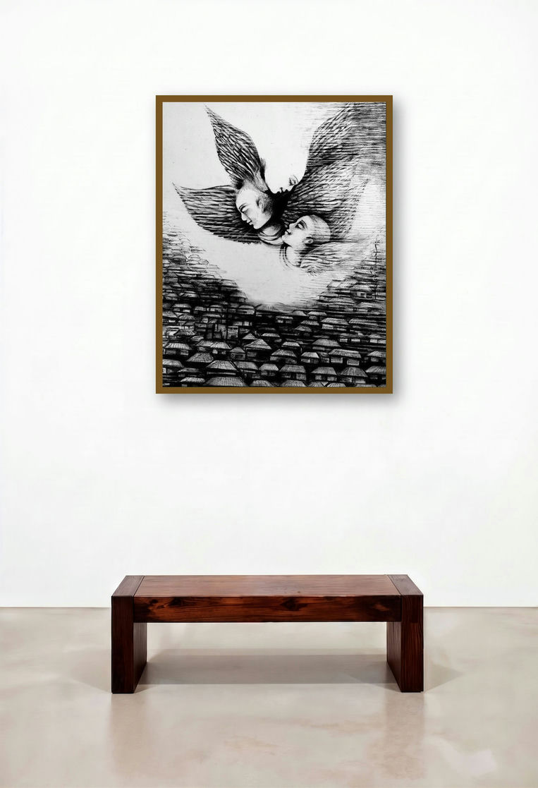 A New World A (Flight of Souls) by artist N P Pandey displayed in a Luxury Executive Office