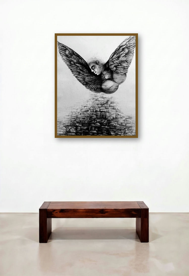 A New World B (The Angel Child) by artist N P Pandey displayed in a Contemporary Library