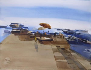 Religious watercolor painting titled 'A Quietude Flows Amidst The Chaos', 22x30 inches, by artist Prashant Prabhu on Archival Paper