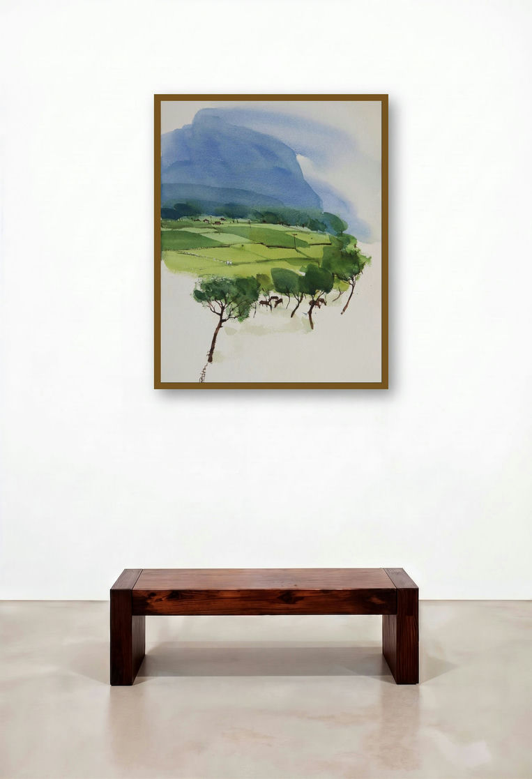 A Shape Of Rural Life (Serene Countryside) by artist Prashant Prabhu displayed in a Modern Library
