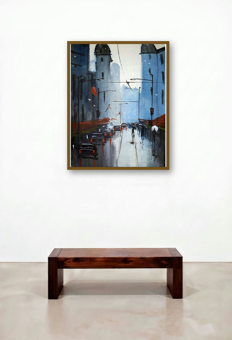 A Streetscape (Urban Downpour) by artist Arunava Ray displayed in a Contemporary Luxury Reception Area