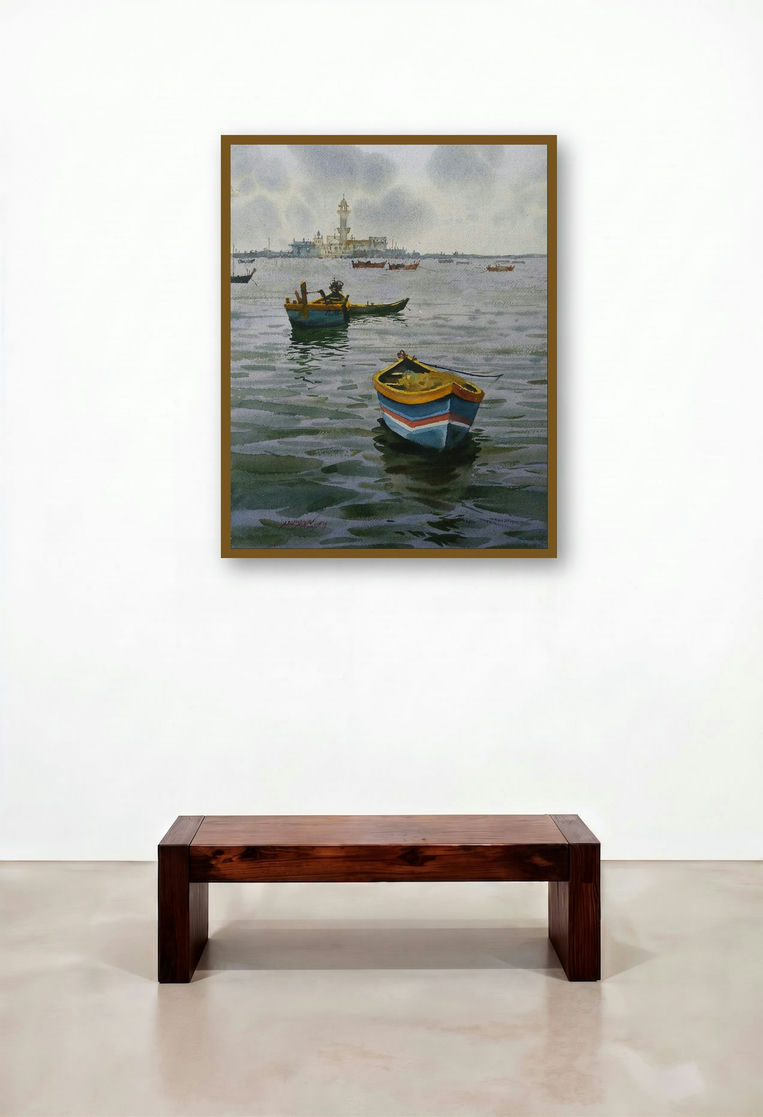 A Sunny Day And Boat 2 (Castella de Aguada at Dusk) by artist Abhijit Jadhav displayed in a Boutique Hotel Style Penthouse