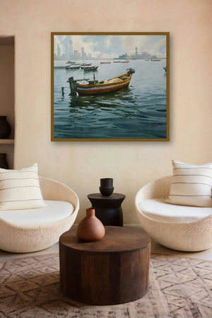 A Sunny Day And Boat (Morning on the Mumbai Harbor) by artist Abhijit Jadhav displayed in a Modern gallery