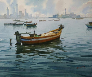 A Sunny Day And Boat (Morning on the Mumbai Harbor) by Abhijit Jadhav, Original Watercolor Seascape Painting on Paper, Medium Horizontal Wall Art