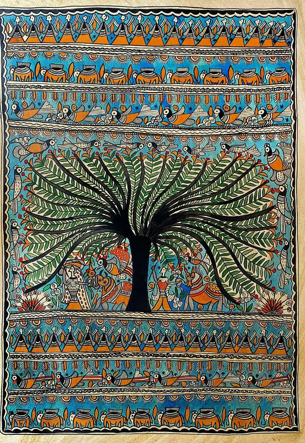 Folk Art madhubani traditional art titled 'A Tree Of Life', 30x22 inches, by artist Chano Devi on Handmade Paper