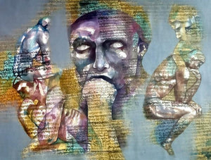 A Tribute To Auguste Rodin (The Weight of Thought) by Ranjith Raghupathy, Original Acrylic Figurative Painting on Canvas, Medium Horizontal Wall Art