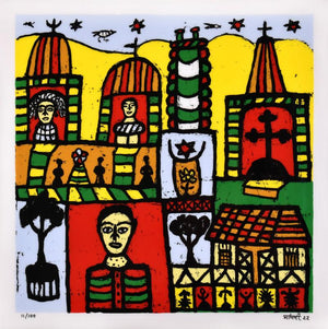 Figurative reverse serigraph painting titled 'A Walk In The Madhvi Village', 24x24 inches, by artist Madhvi Parekh on Acrylic