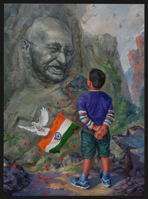 A Young Patriot (The Mahatmas Humble Pursuit) by Mahesh Rc, Original Oil Figurative Painting on Canvas, Large Vertical Wall Art