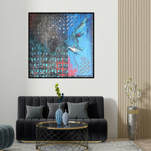 Radhika Seksaria's 'Aafaaq (Urban Tapestry)' painting visualized above a sofa in a contemporary room.