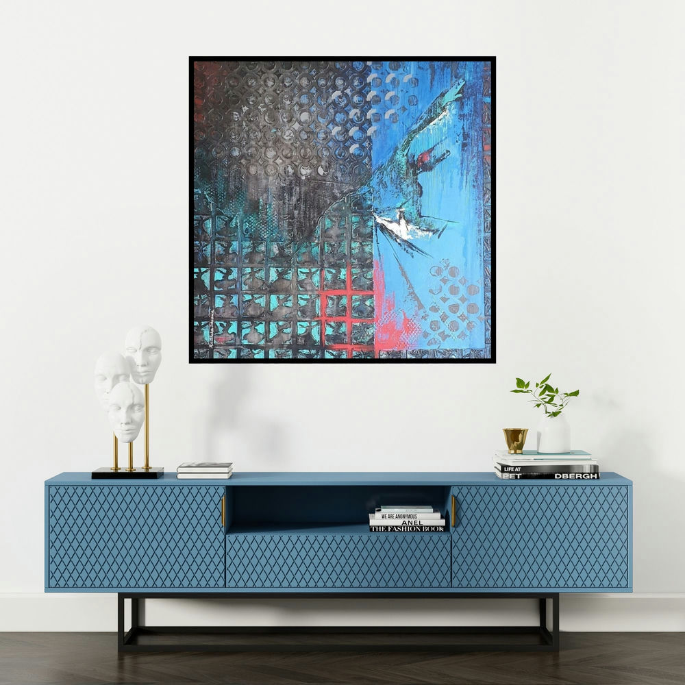 'Aafaaq (Urban Tapestry)' painting by Radhika Seksaria shown on a wall in a furnished room.