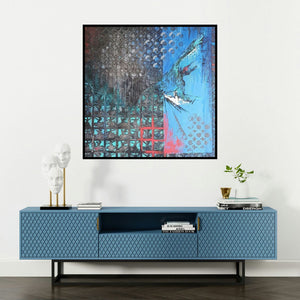 'Aafaaq (Urban Tapestry)' painting by Radhika Seksaria shown on a wall in a furnished room.