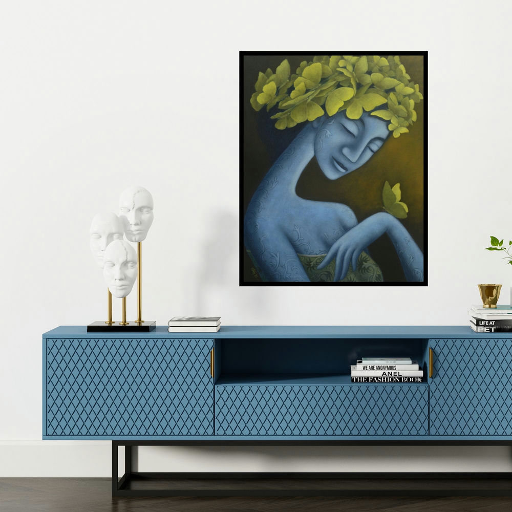 'Aafreen (The Butterfly Maiden)' painting by Uttam Bhattacharya shown on a wall in a furnished room.