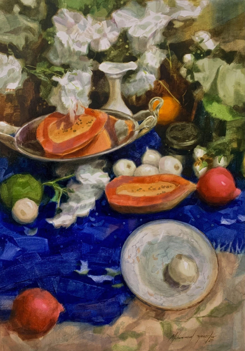 Aaj Rang Hai' still-life watercolor painting by artist Mohammad Yusuf, 28x20 inch, on paper