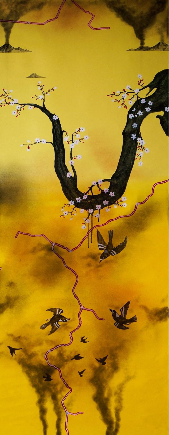 contemporary acrylic painting titled 'Aamar Bangla', 64x26 inches, by artist Govind Biswas on Canvas