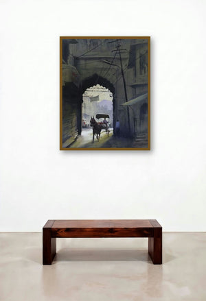 Aarch (Street Scene with Horse Carriage) by artist Kishor Nadavdekar displayed in a Classic Foyer