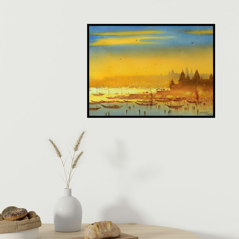In-situ view of Ganesh Hire's 'Aarti At Banaras Ghat (Evening on the Ganges)' painting in a room