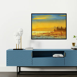 Preview of 'Aarti At Banaras Ghat (Evening on the Ganges)' Painting by Ganesh Hire shown on a wall in a furnished room.
