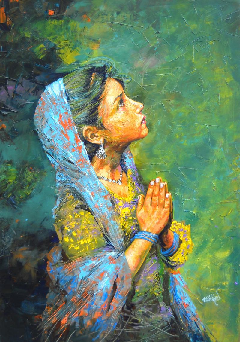 Figurative acrylic painting titled 'Aastha', 24x36 inches, by artist Milind Varangaonkar on Canvas