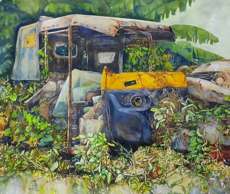 Abandoned' transportation watercolor painting by artist Krishnapada Maity, 55x65 inch, on paper
