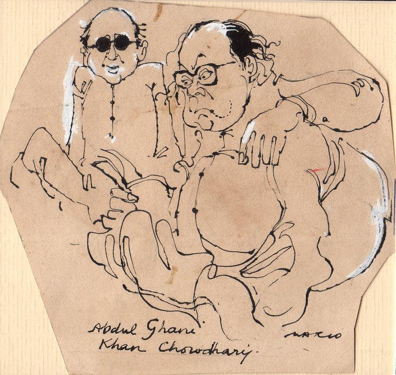 Figurative pen ink drawing titled 'Abdul Ghani Khan Chowdhary', 4x5 inches, by artist Mario Miranda on Paper