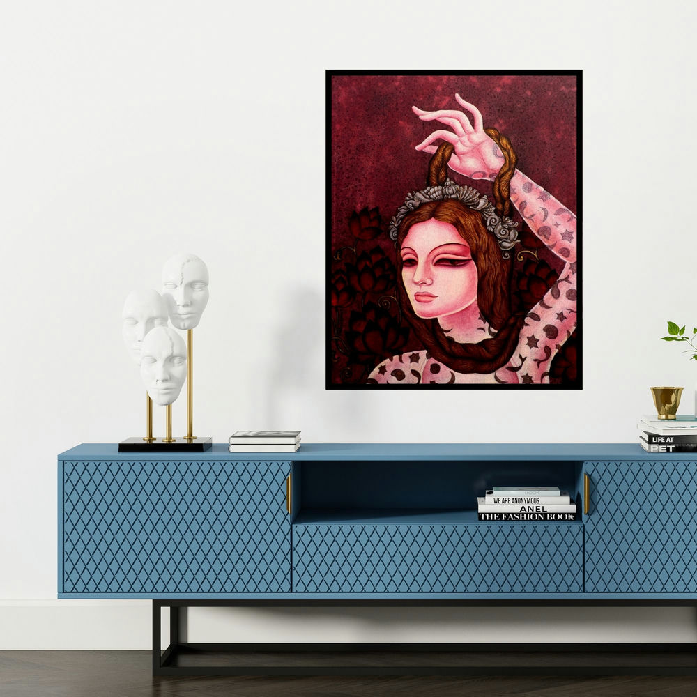 'Abhisarika 6 (Cosmic Dance)' painting by Vishal Sablley shown on a wall in a furnished room.