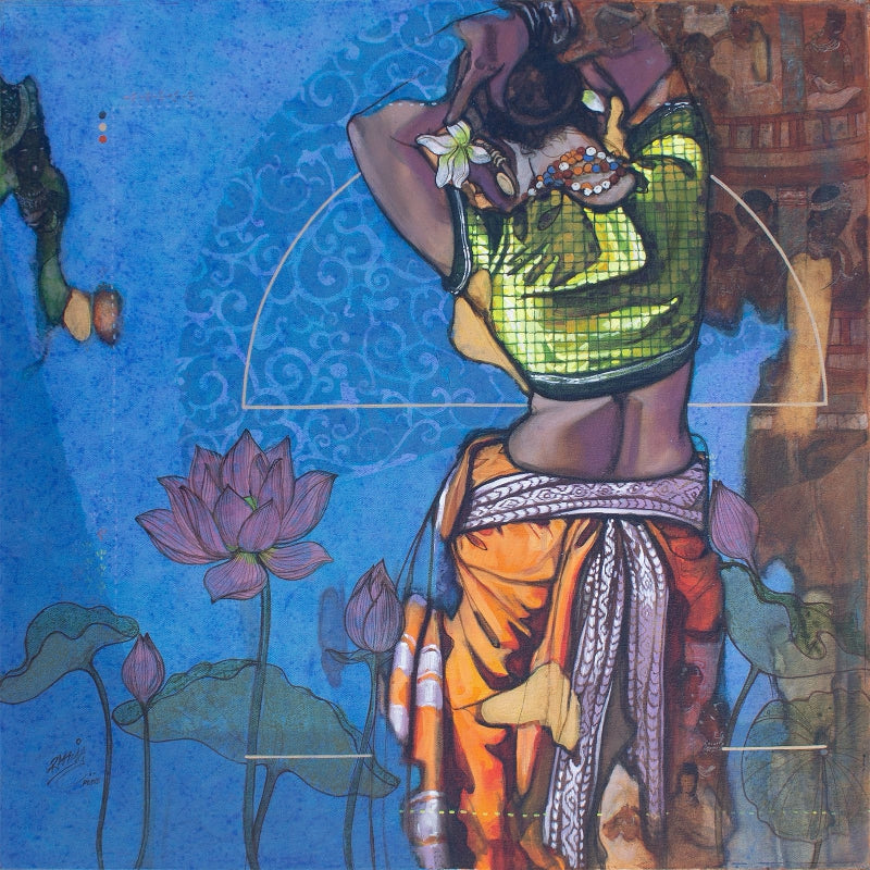 'Abhisarika (Beauty Series)' figurative acrylic painting by artist Varsha Kharatamal, 30x30 inch, on canvas