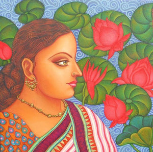 Abhisarika I by Suparna Dey, Original Oil Figurative Painting on Canvas, X-Small Square Wall Art