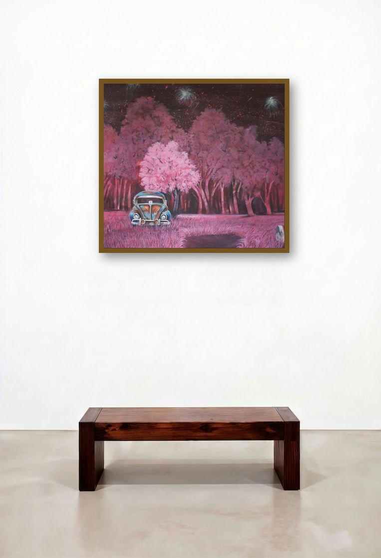 Abonded 7 (Pink Night) by artist Gopal Roy displayed in a Mid-Century Modern Foyer