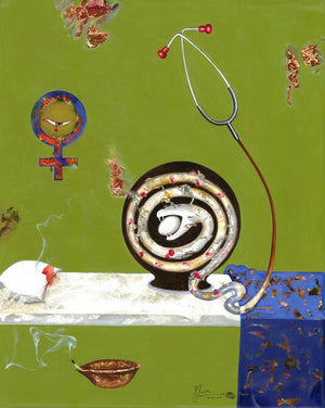 Abstract acrylic painting titled 'Abortion', 30x24 inches, by artist Zakir Hussain Shaikh on Canvas