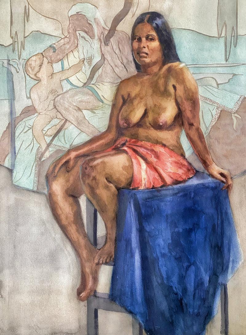Nude watercolor painting titled 'Absense', 30x24 inches, by artist Swapnil Pate on Paper