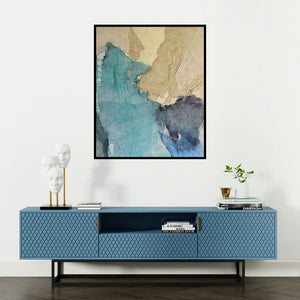 Madhuri Kathe's 'Abstract 1' painting visualized above a sofa in a contemporary room.
