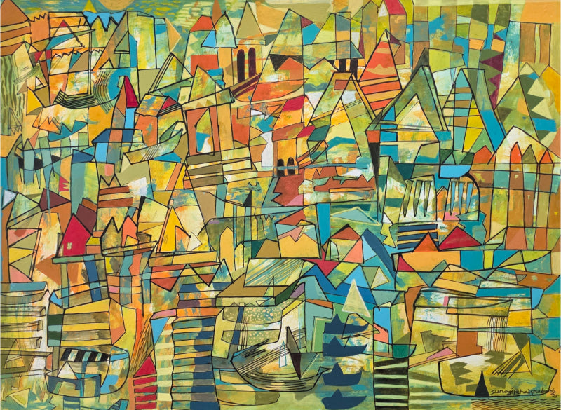 'Abstract 1' cityscape acrylic painting by artist Srj Surajit Chakraborty, 22x30 inch, on paper