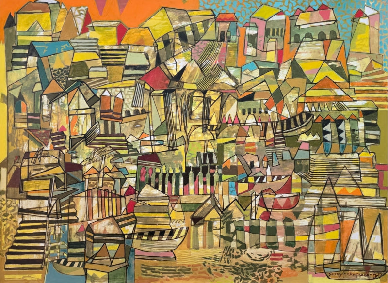 'Abstract 2' cityscape acrylic painting by artist Srj Surajit Chakraborty, 22x30 inch, on paper