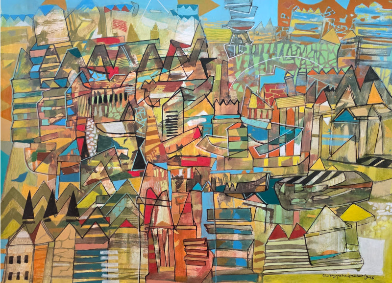 'Abstract 3' cityscape acrylic painting by artist Srj Surajit Chakraborty, 22x30 inch, on paper