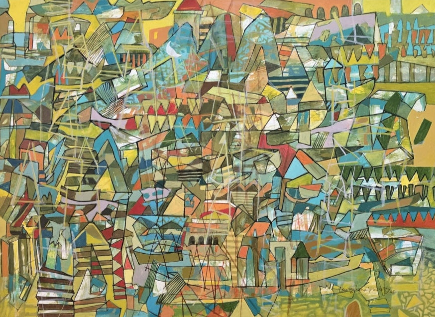 'Abstract 4' cityscape acrylic painting by artist Srj Surajit Chakraborty, 22x30 inch, on paper